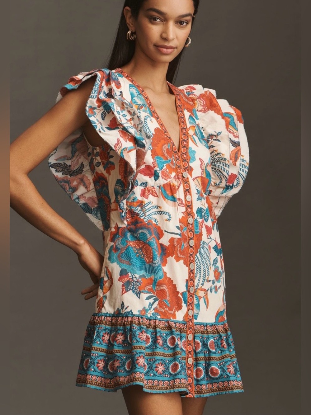 FARM RIO Anthropologie Bohemian Floral Ruffle Mini Dress